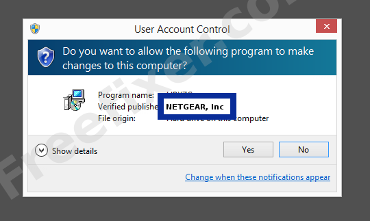 Screenshot where NETGEAR, Inc appears as the verified publisher in the UAC dialog
